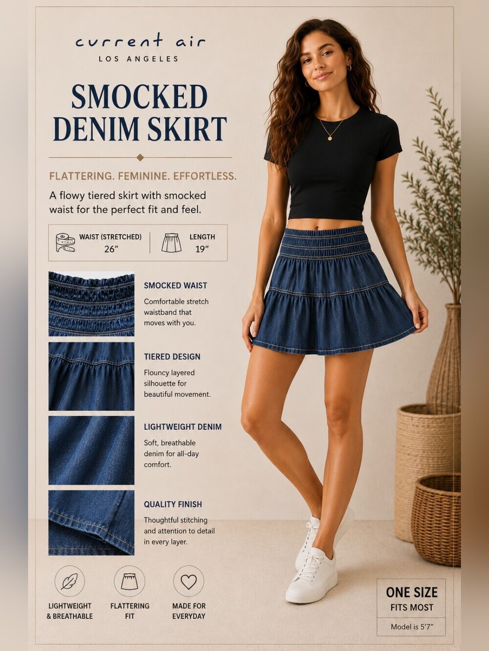 NWT Current Air Los Angeles Blue Smocked Tiered Mini Skirt Boho Cottagecore S/M